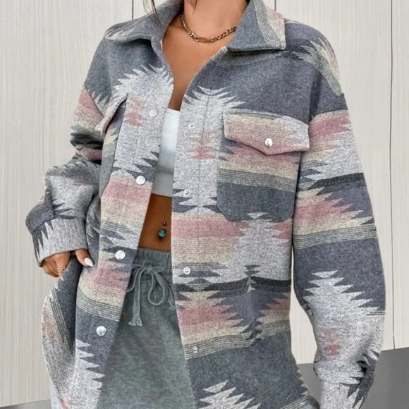 Geo Aztec Print Flap Pocket Overcoat Shacket jacket Casual Western - Picture 5 of 7